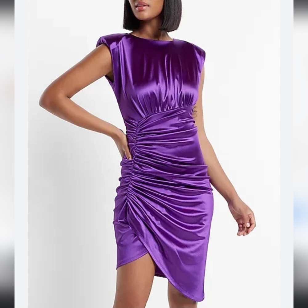 Express Purple Satin Stretch  Padded Shoulders Festive Party Cocktail Dress Sz M